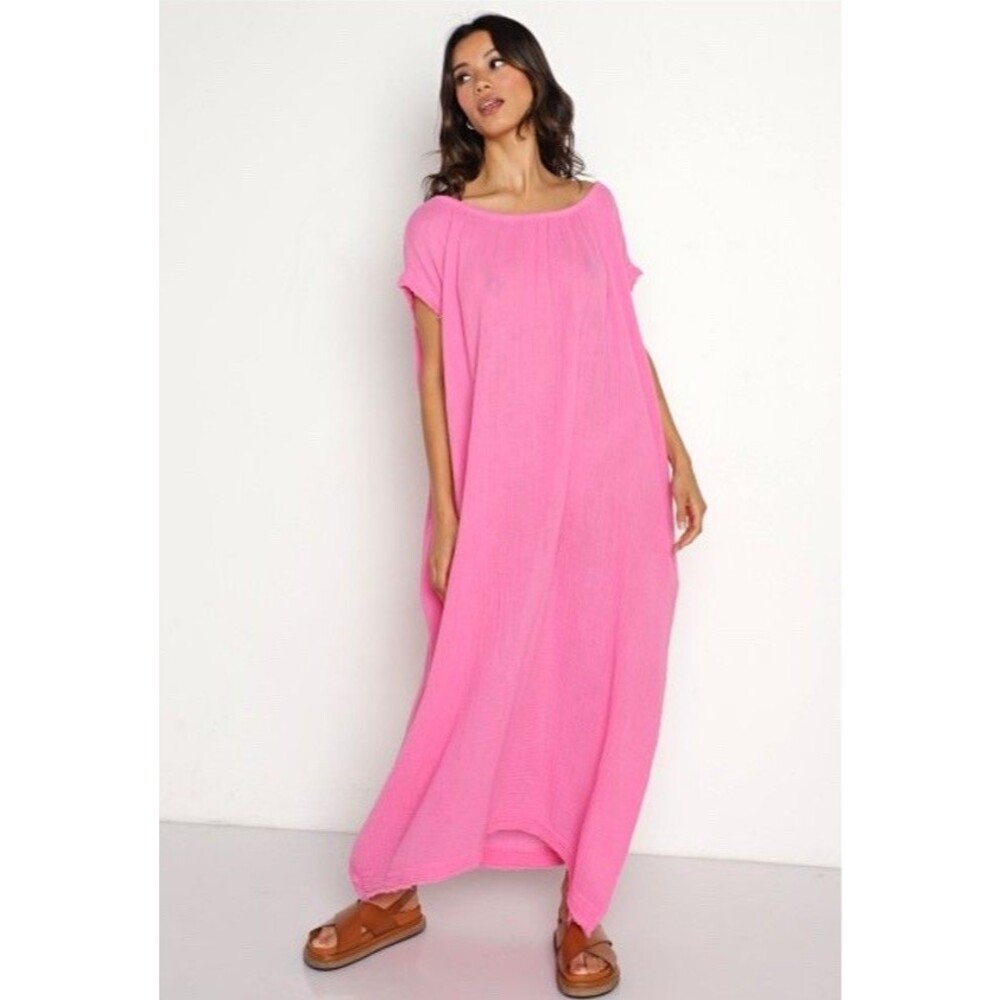 9seed Moonstone Maxi Dress One Size Pink Cotton Gauze Resort Beach Shift